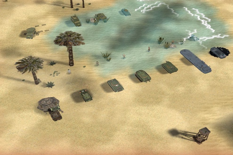 A column of tanks and two landing craft lined up along a desert oasis, palm trees throwing long shadows across the sand.